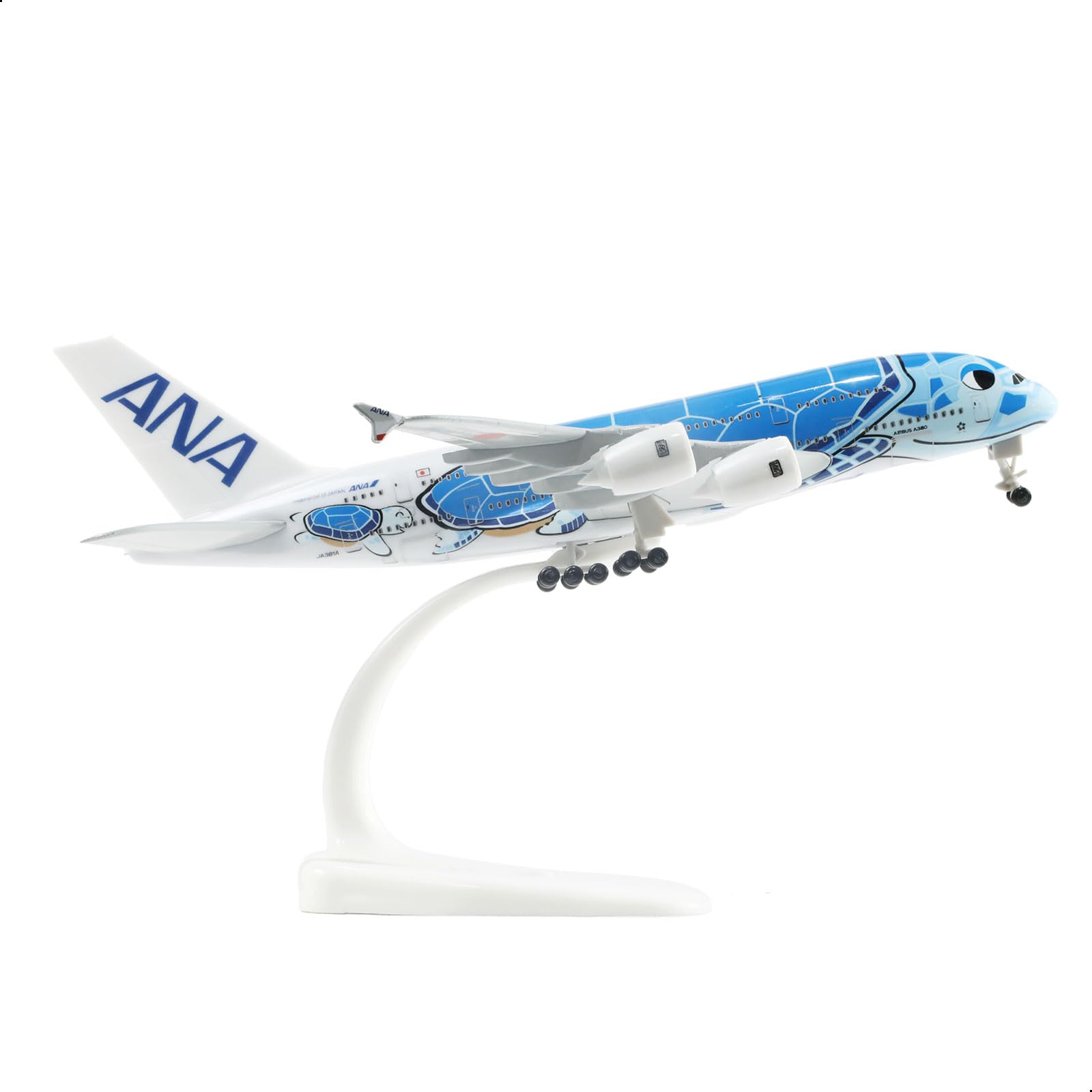 QIYUMOKE 1/300 ANA Airbus A380 blue diecast model aircraft in flight position with stand
