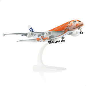 QIYUMOKE Airbus A380 diecast model in orange with stand, side view