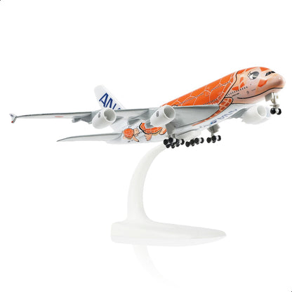 QIYUMOKE Airbus A380 diecast model in orange with stand, side view