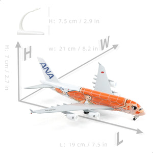 QIYUMOKE Airbus A380 diecast model in orange with stand, top view