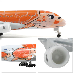 QIYUMOKE Airbus A380 diecast model in orange, close-up of details and engine
