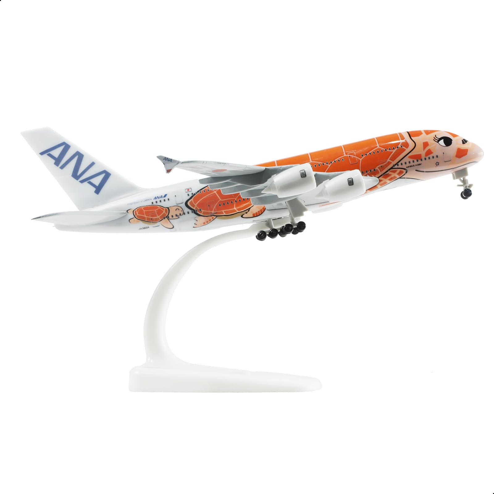 QIYUMOKE 1/300 ANA Airbus A380 diecast model in orange with stand, side view