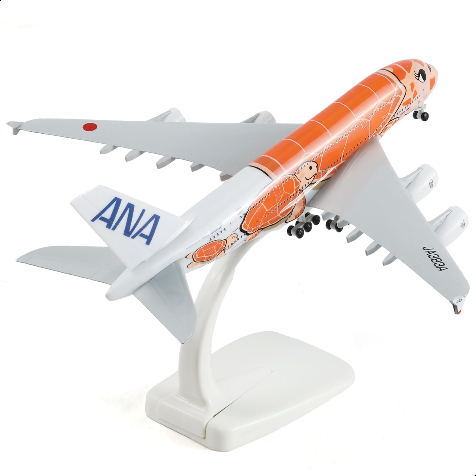 QIYUMOKE 1/300 ANA Airbus A380 diecast model in orange with stand, rear view