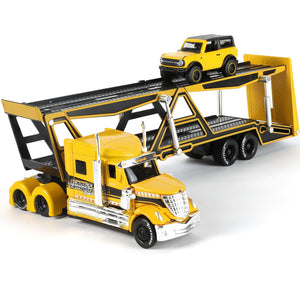 Toy Semi Truck Trailer with Car Model Kit, Big 1/50 for International Lonestar Metal Diecast Car Transport Truck Tractor Toys Gifts for Boys Adult Collector -Yellow