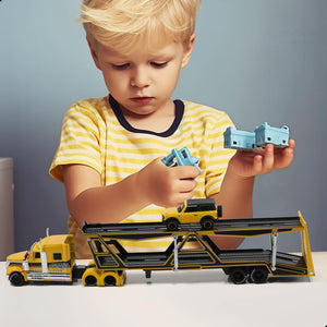 Toy Semi Truck Trailer with Car Model Kit, Big 1/50 for International Lonestar Metal Diecast Car Transport Truck Tractor Toys Gifts for Boys Adult Collector -Yellow