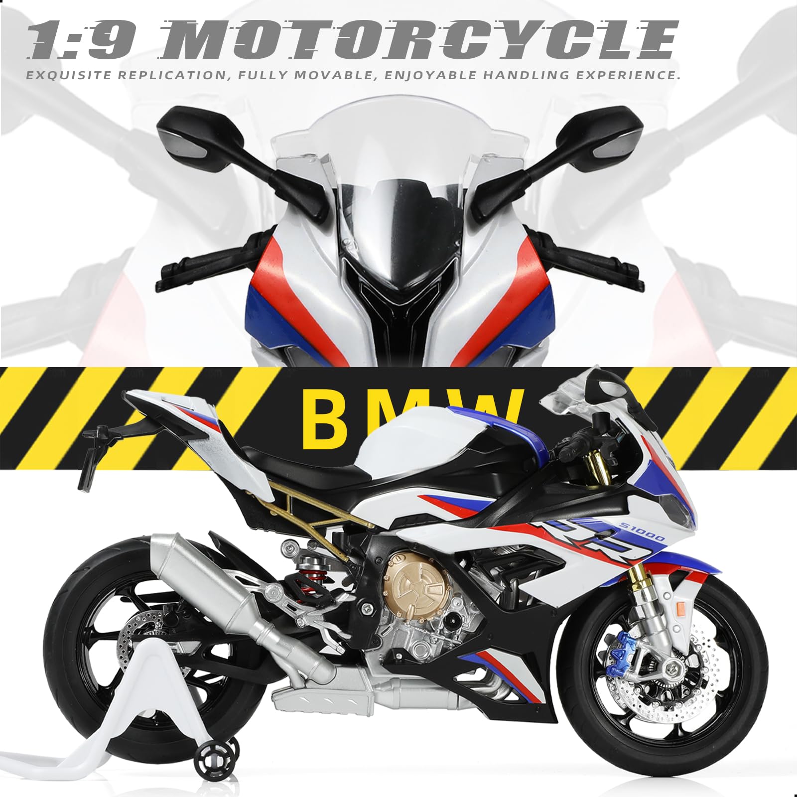 1/9 BMW S1000RR Die-cast Motorcycle Model - Finished Metal Moto Collectible - White