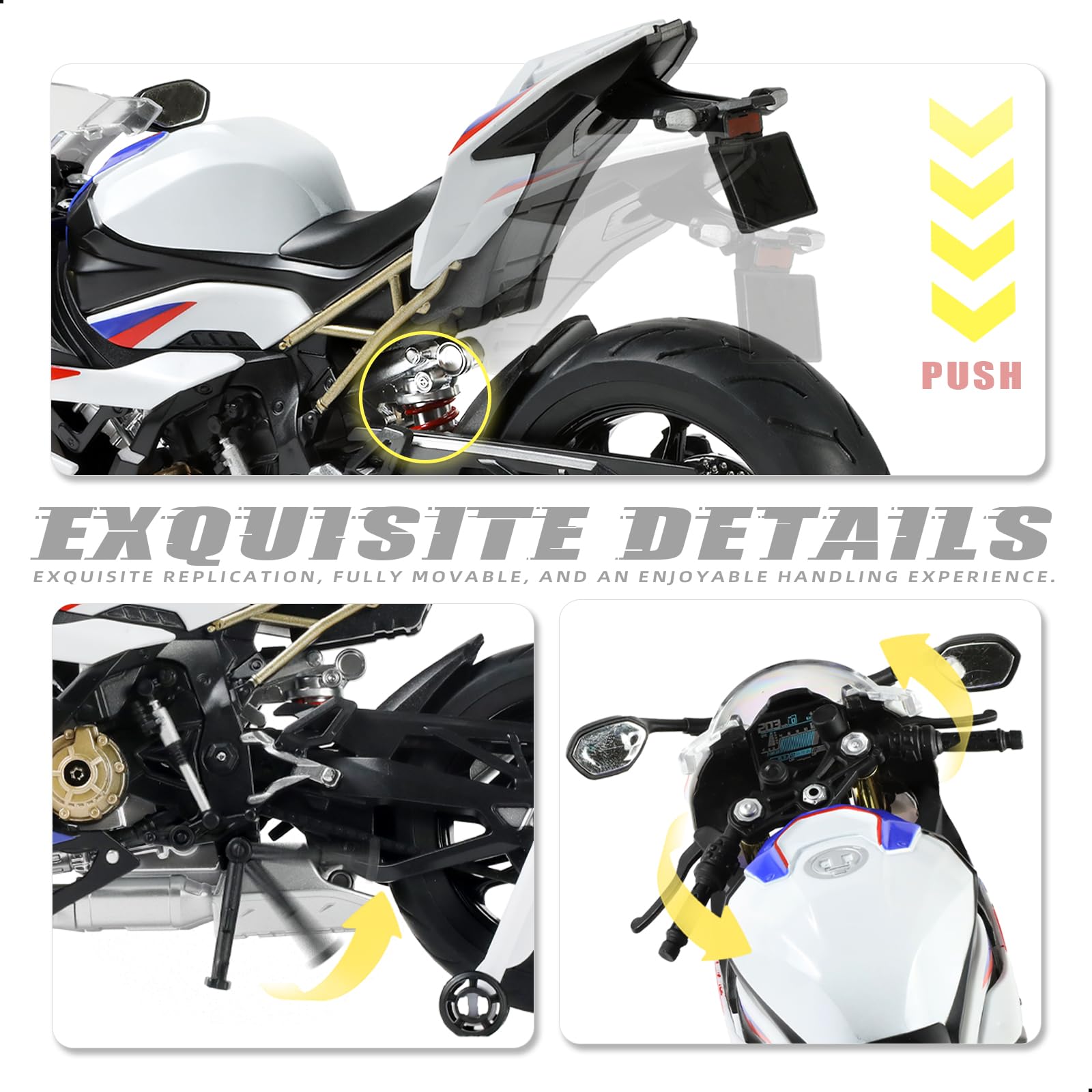 1/9 BMW S1000RR Die-cast Motorcycle Model - Finished Metal Moto Collectible - White