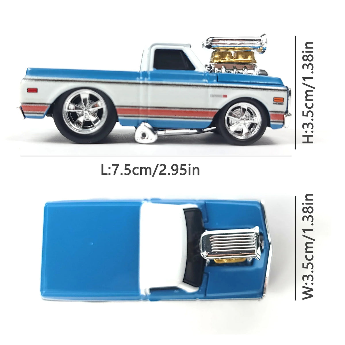 Scale model dimensions of the 1972 Chevrolet C10 pickup truck, showing length, height, and width.