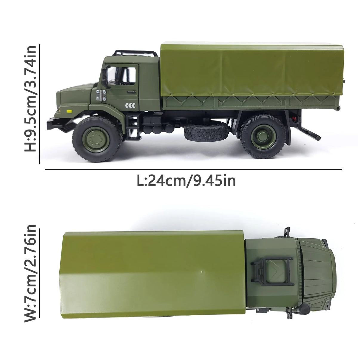 Detailed view of 1:36 scale military truck model