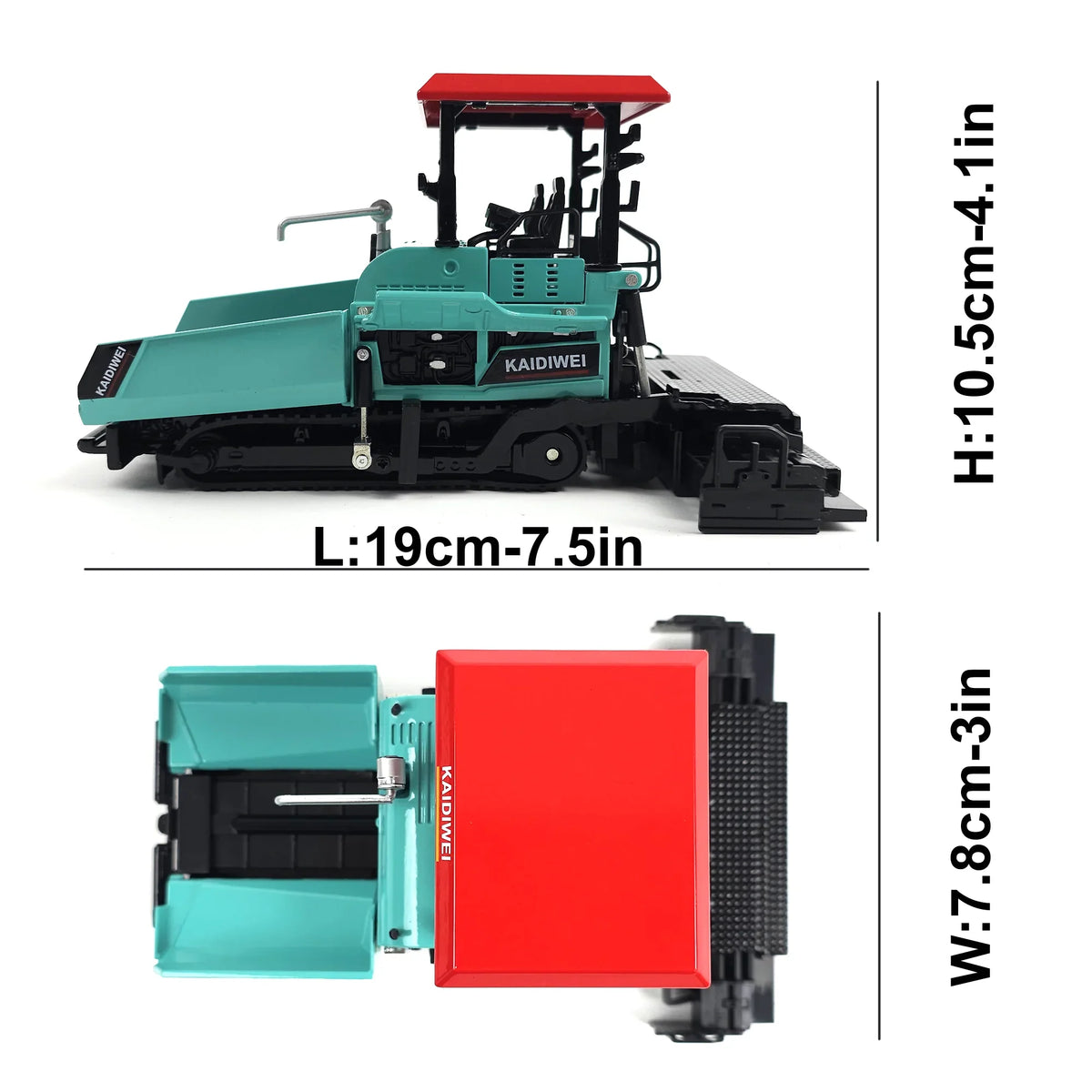 RISOPEN 1:40 die-cast asphalt paver model with dimensions in centimeters and inches.