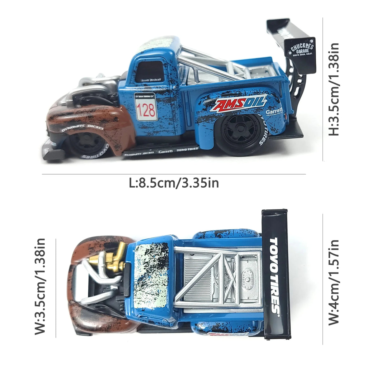 Top and side view of the 1949 Ford F1 Pickup Truck model showing dimensions and details.