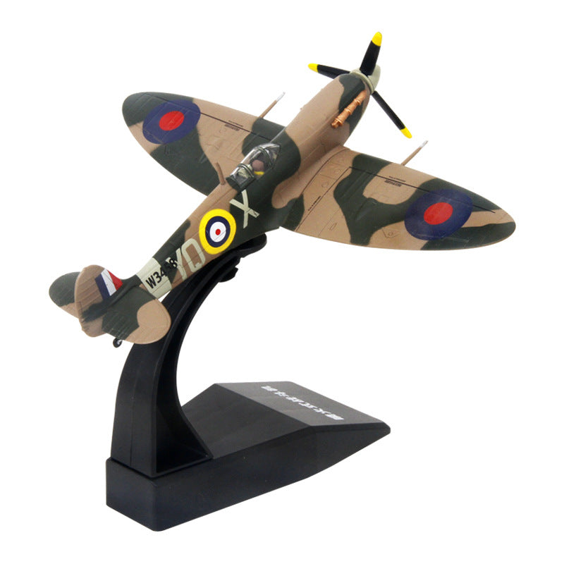NUOTIE Supermarine Spitfire diecast model with stand, top view, WWII British fighter aircraft