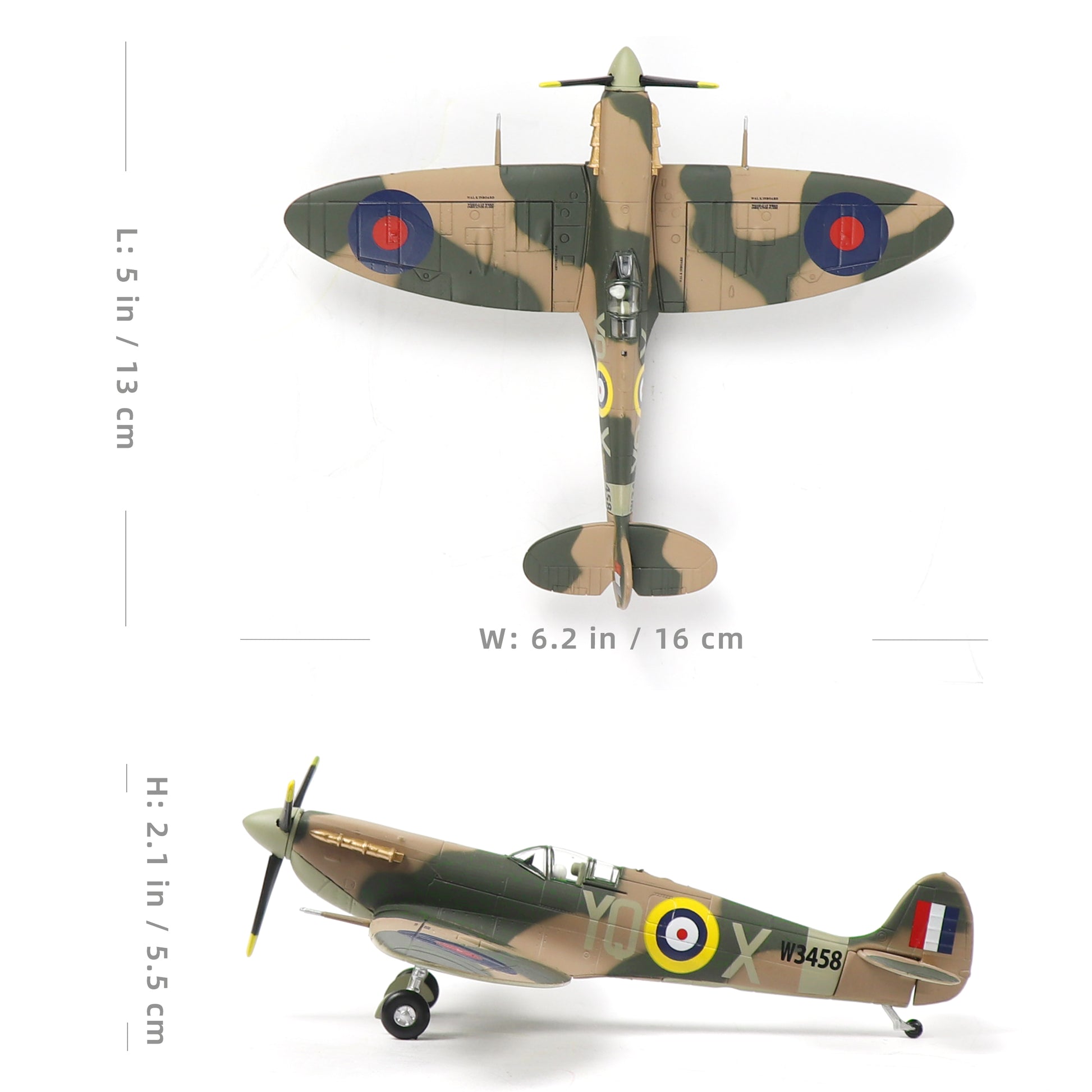 NUOTIE Supermarine Spitfire diecast model, side view, WWII British fighter aircraft with detailed markings