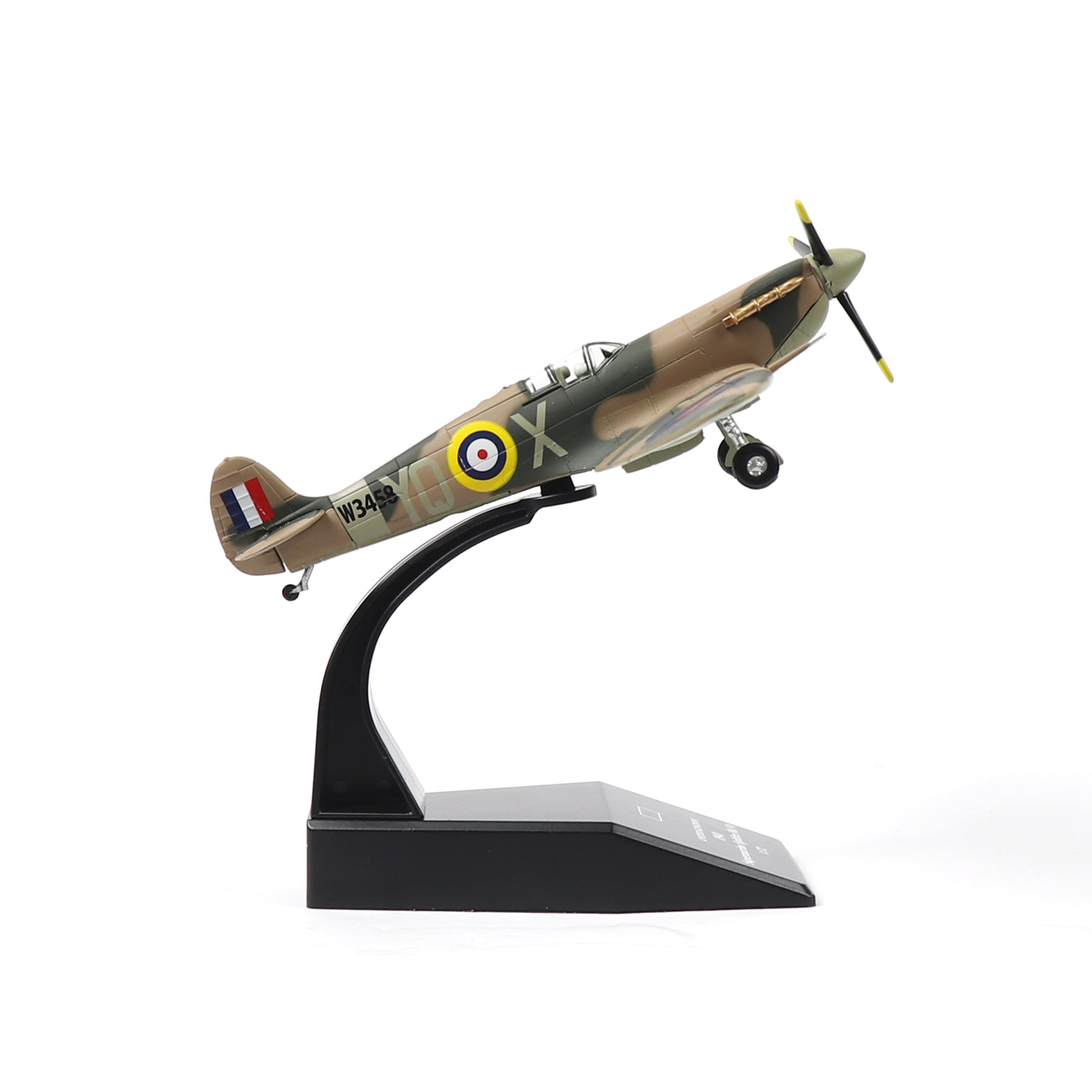 NUOTIE Supermarine Spitfire diecast model displayed on stand in side profile with camouflage pattern