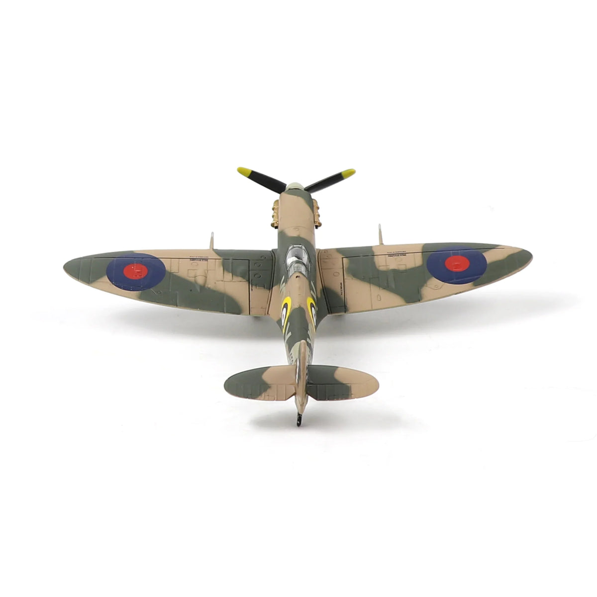 NUOTIE Supermarine Spitfire diecast model in top view showcasing wings and insignia