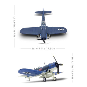 NUOTIE Vought F4U Corsair navy diecast metal model aircraft, top and side view with dimensions