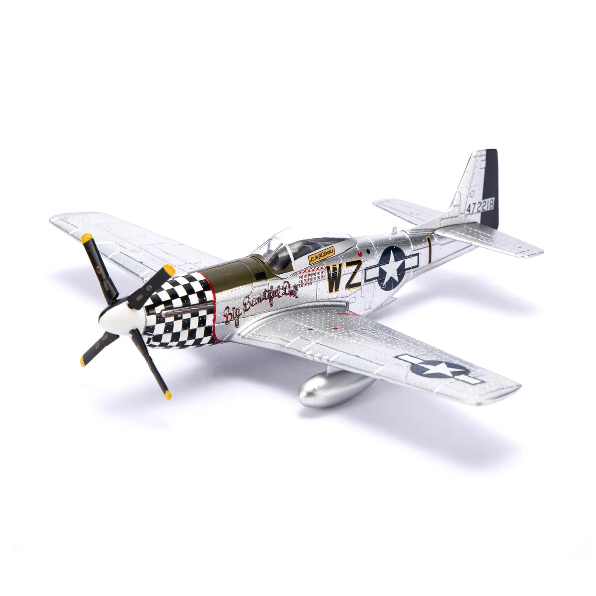 AF1 P-51D Mustang diecast model featuring checkered nose and silver body, viewed from the front.