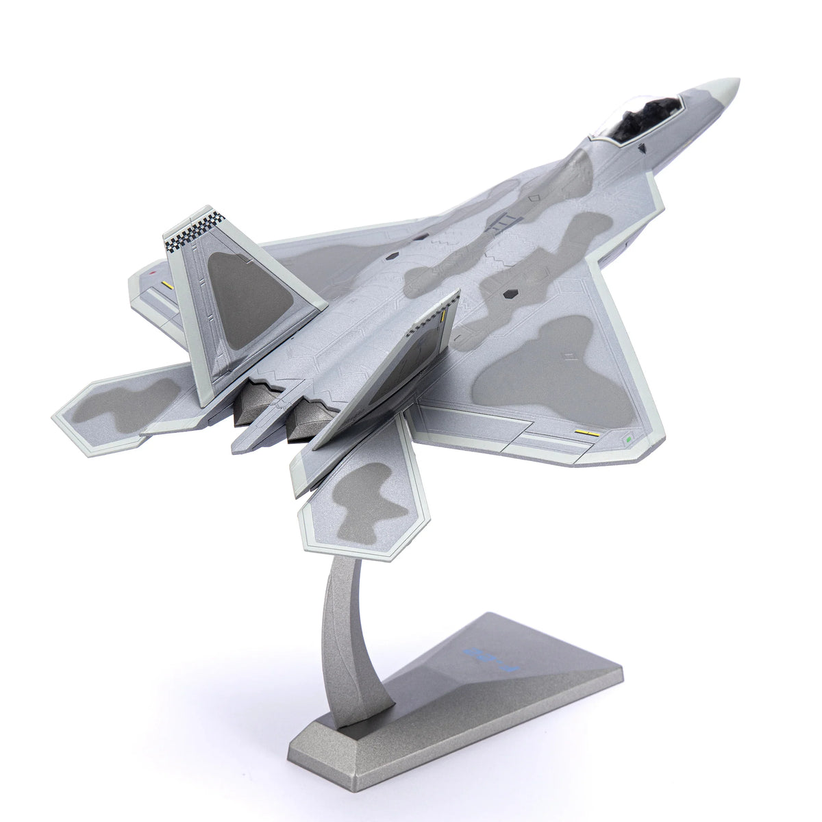 NUOTIE F-22 Raptor model in gray camouflage, side view, aircraft on display stand