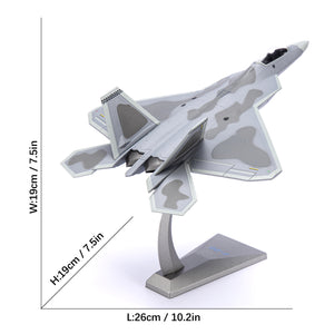 NUOTIE F-22 Raptor model dimensions shown, gray camouflage aircraft with display stand