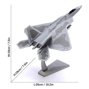 NUOTIE F-22 Raptor diecast metal model dimensions, displayed on stand with measurements
