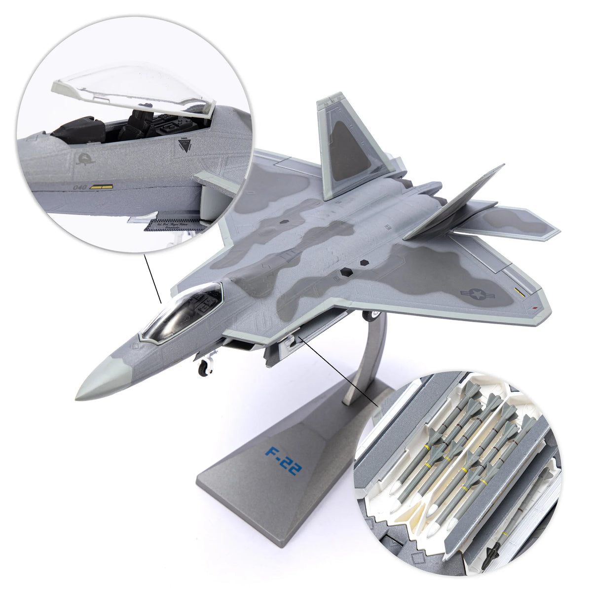 NUOTIE F-22 Raptor diecast model with cockpit detail and missile bay, aircraft front view