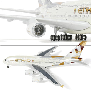 QIYUMOKE Airbus A380 model close-up of engines and tail design, plastic aircraft