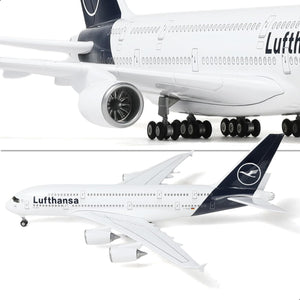 QIYUMOKE Lufthansa Airbus A380 model close-up showing detailed design and wheels