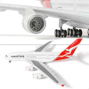QIYUMOKE Qantas Airbus A380 model close-up of engine and wing details, aircraft display