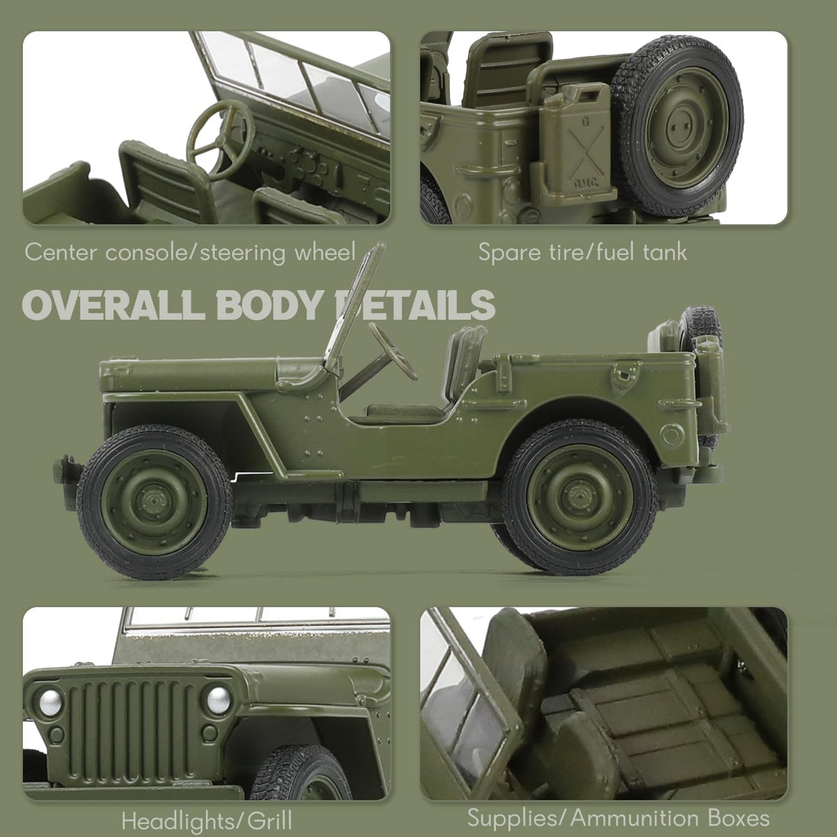 1/36 Willys MB Jeep U.S. Army Truck, Solid Diecast Metal Military Model
