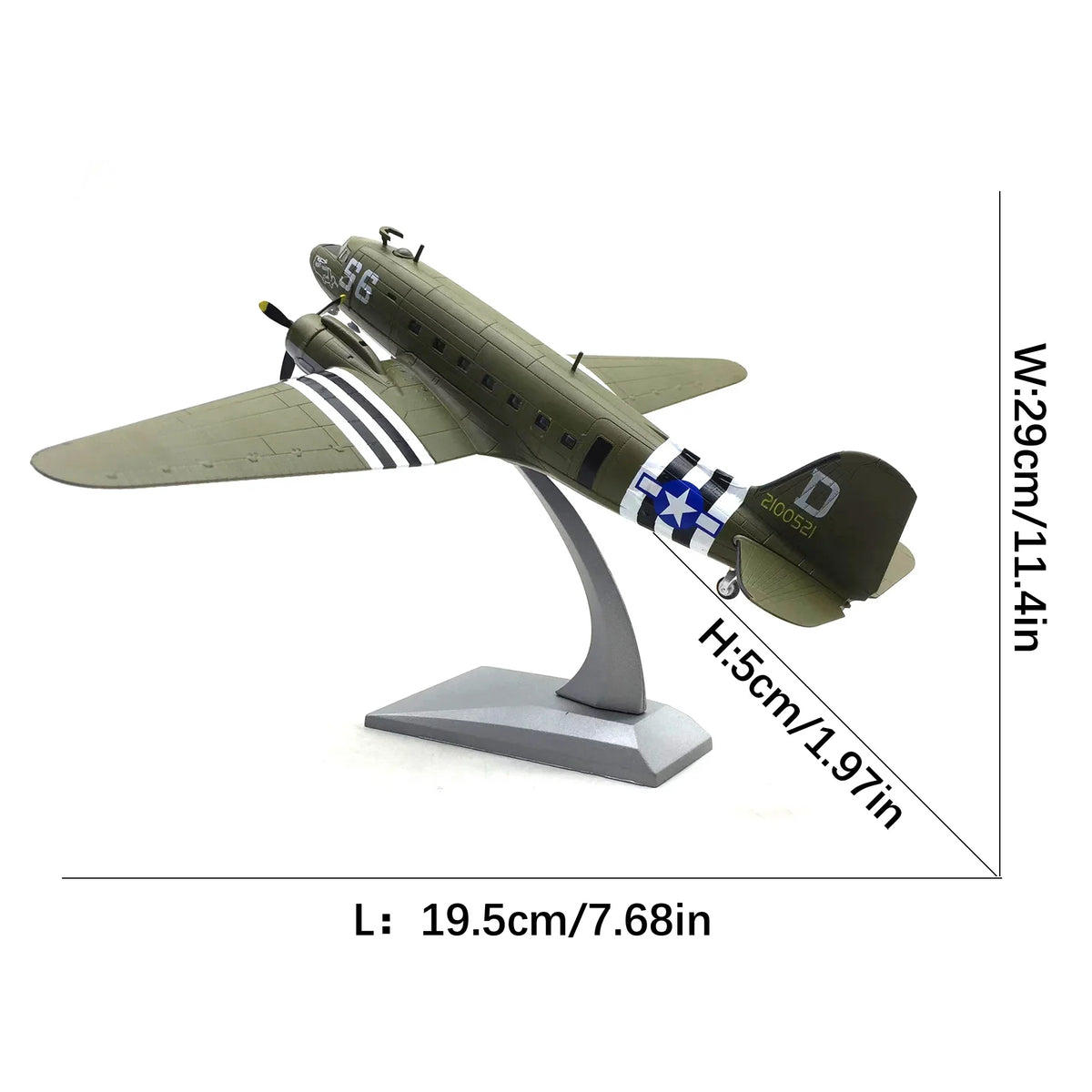 NUOTIE Model Douglas C-47 Skytrain diecast metal model aircraft displayed on stand, side view with dimensions
