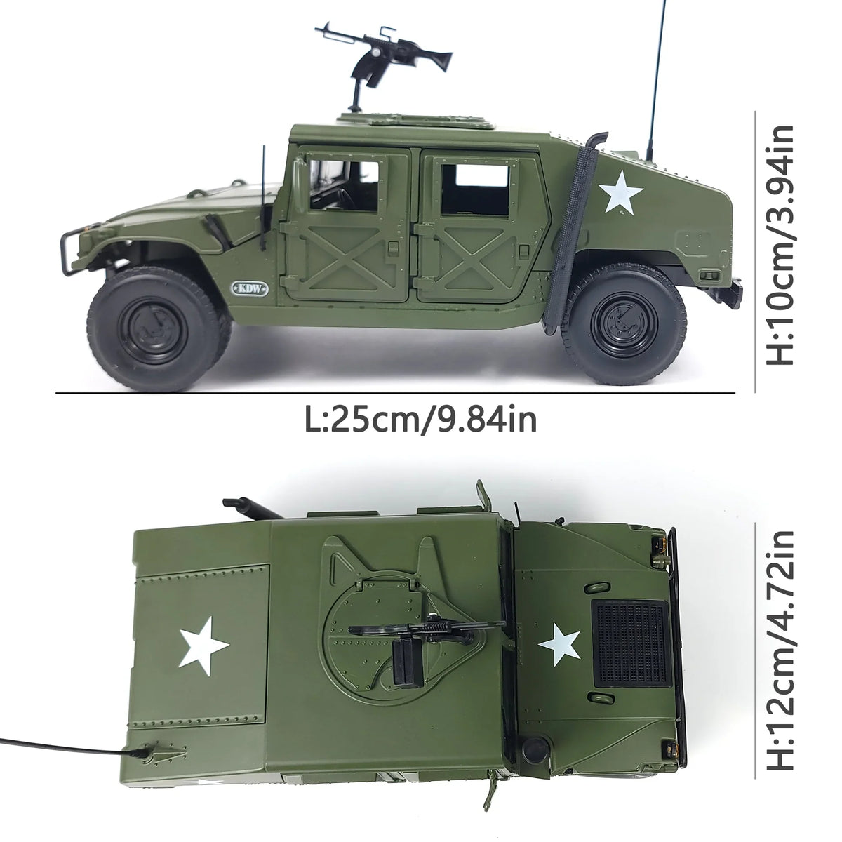 Top and side view of the Hummer H1 model showing dimensions and details.