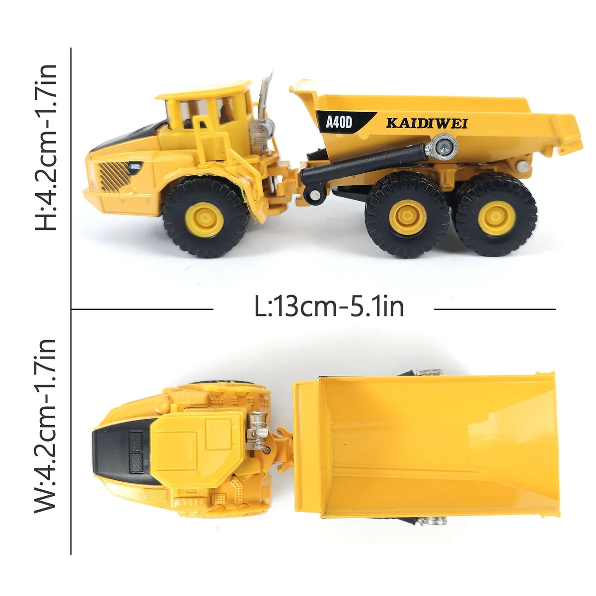 RISOPEN 1:50 die-cast yellow construction dump truck scale model with dimensions.