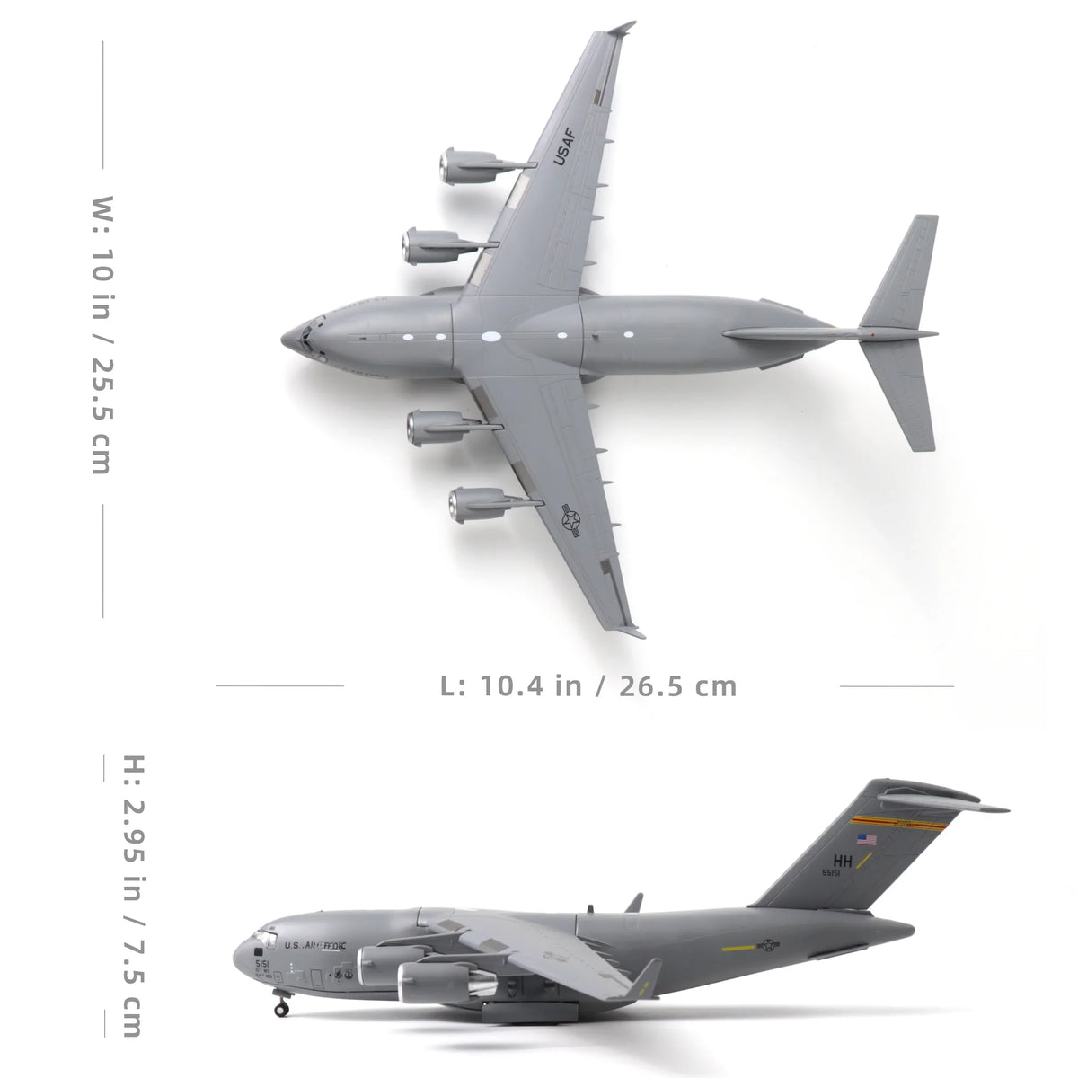 NUOTIE C-17 Globemaster III diecast metal model aircraft in gray, top and side views.